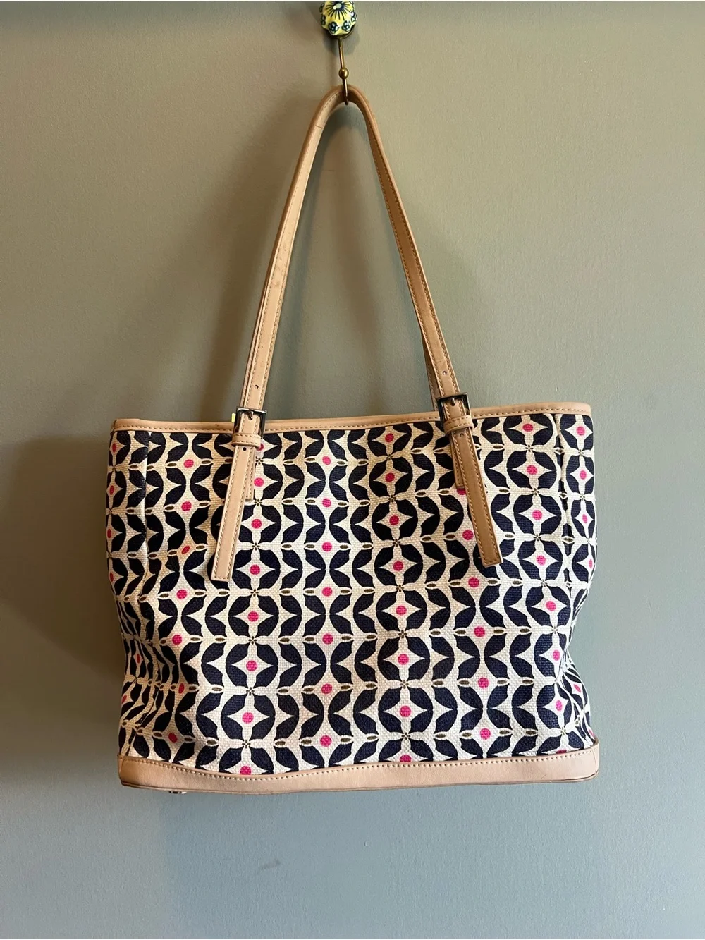 Spartina 449 Daufuskie Island Linen|Leather Pink and Navy Geometric Tote